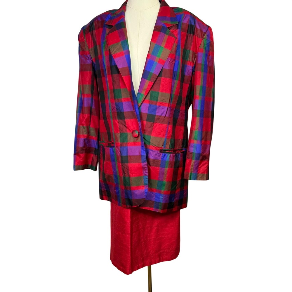 Sunny Leigh Vintage 100% Silk Plaid Skirt Suit Set Red Blue Green Large 2pc